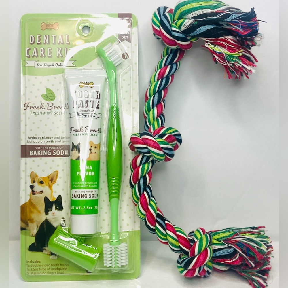 Dental Care Kit for Pets with Green Toothpaste & Multicolor Rope Toy